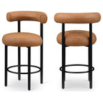 Meridian Furniture - Bordeaux Upholstered Stool, Cognac, Vegan Leather, Matte Black, Set of 2 - Home bar guests (or family and friends gathered round the kitchen counter) never want to leave when you seat them in this Bordeaux cognac vegan leather counter stool. Designed as an instant draw for the eye, this counter stool has a curvy back to provide support whether you're serving snacks or drinks. The upholstery is soft cognac vegan leather, so you have minimal worries about maintenance and upkeep. An iron metal frame with a black matte finish gives a contemporary look to this handsome stool.