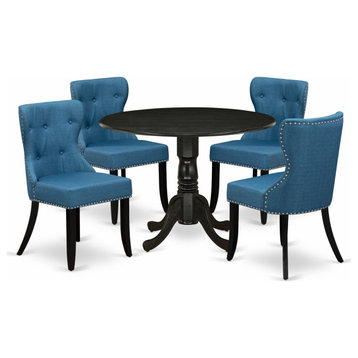 Dining Set, Chairs, Mineral Blue Color, Wood Pedestal Table