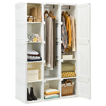 Costway Portable Closet Foldable Armoire Wardrobe w/15 Cubes, Hanging Rods