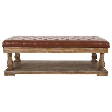 Hewlett Contemporary Ottoman, Weathered Cognac Faux Leather