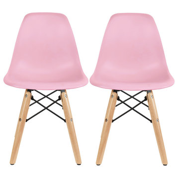 Kids Size Plastic Toddler Chairs with Natural Wooden Dowel Legs, Set of 2, Pink