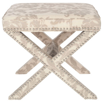 Arnold Ottoman Silver Nail Heads Taupe/ Beige Print