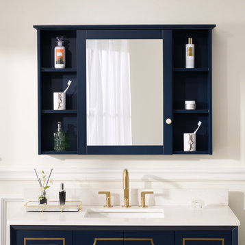 Solid Wood Wall Medicine Cabinet, Double-Sided, Navy Blue, 42" X 30"
