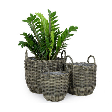 3-Pack Catleza Wicker Multi-purposes Basket with handler - Planter basket , Gray