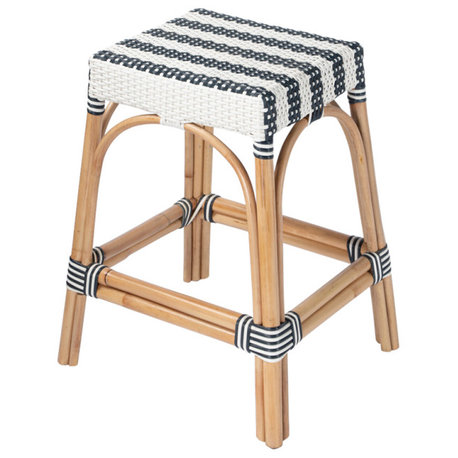 Robias Rectangular Rattan 24.5" Counter Stool, Navy Stripe