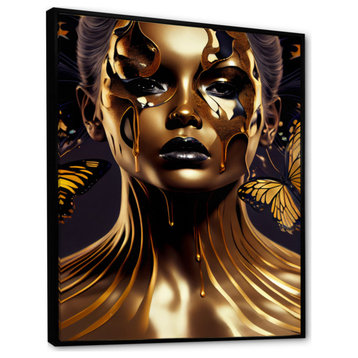 Woman With Black And Gold Butterflies II Framed Canvas, 12x20, Black