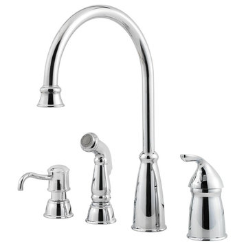 Arc Kitchen Faucet, Side Lever, Side Sprayer & Soap Dispenser, Polished Chrome
