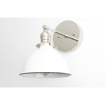 Industrial Wall Sconce, White Metal Shade, Polished Nickel