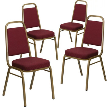 4 Pack Dining Chair, Padded Seat & Trapezoid Back, Burgundy Pattern Fabric/Gold