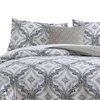 Benzara BM277015 Owen 8 Piece Queen Bed Set, Quatrefoil Print, White, Gray