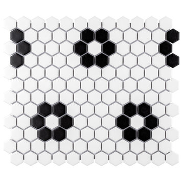Metro Hex Matte White with Flower Porcelain Floor and Wall Mosaic Tile