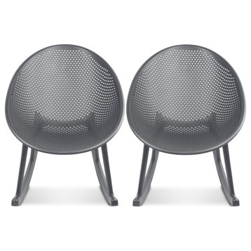Set of 2 Plastic Rocking Lounge Chair Perforated Egg Shaped Seat Indoor/Outdoor, Grey