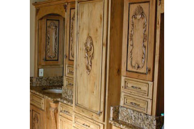 Example of a mountain style beige floor bathroom design in San Diego with furniture-like cabinets, medium tone wood cabinets, an undermount sink and granite countertops