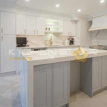 Painted mdf custom shaker with quartz counter and back splash
