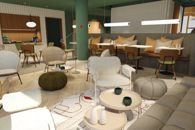 Example of a mid-sized minimalist ceramic tile, brown floor and wall paneling family room design in Other with green walls