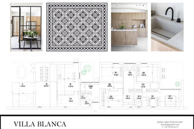 Inspiration för ett avskilt, stort funkis grå grått l-kök, med en integrerad diskho, släta luckor, skåp i ljust trä, marmorbänkskiva, grått stänkskydd, stänkskydd i marmor, integrerade vitvaror, cementgolv, en köksö och flerfärgat golv