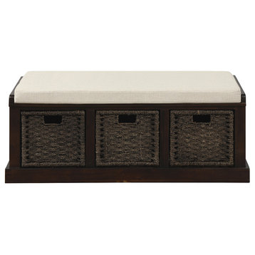 TATEUS Rustic Storage Bench With 3 Removable Classic Rattan Basket, Espresso