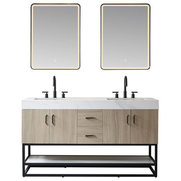 Toledo Vanity, White Stone Sink Top, Light Walnut, 60" Dual Sink, With Mirror