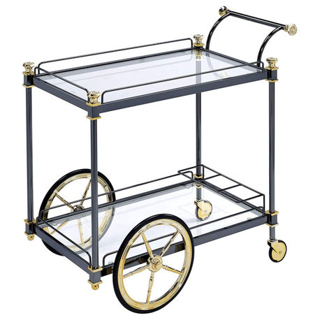 Metal Framed Serving Cart With Glass Shelves and Side Handle, Black and Gold