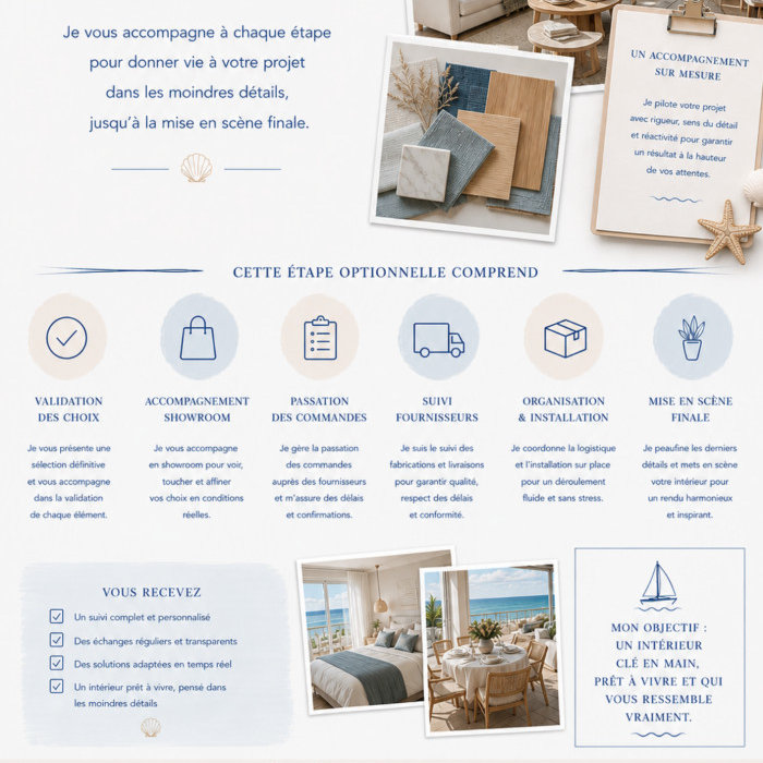 pilotage projet décoration, mise en œuvre décoration intérieure, décoration clé en main, résidence secondaire Bretagne, décoratrice Vannes, suivi chantier décoration, aménagement intérieur Morbihan