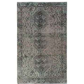 Semi Antique Gray Persian Shiraz Worn Down Hand Knotted Wool Rug, 5'0" x 8'0"