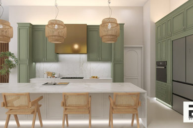 Eat-in kitchen - mid-sized transitional l-shaped terrazzo floor, beige floor and coffered ceiling eat-in kitchen idea in Other with a double-bowl sink, shaker cabinets, green cabinets, quartzite countertops, white backsplash, quartz backsplash, stainless steel appliances, an island and white countertops