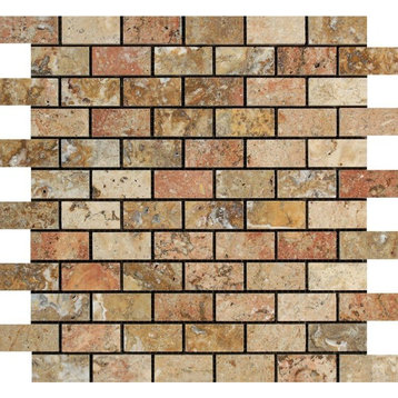 Scabos Travertine Brick Mosaic, 1 X 2 Polished