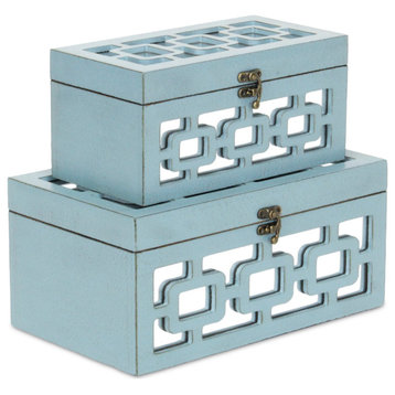 Blue Distressed Mirrored Wood Boxes Set