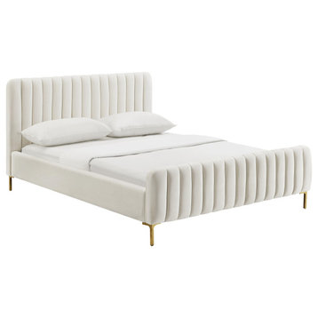Angela Velvet Upholstered Bed, Cream, Queen