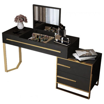 Cylina Black Makeup Vanity with Flip Top Mirror & Side Cabinet and Drawers