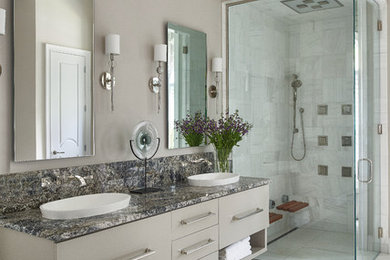 Mid-sized transitional white tile corner shower photo in Orlando with a drop-in sink, flat-panel cabinets, gray cabinets and beige walls