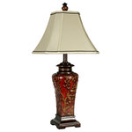 StyleCraft Home Collection - Crimson Floral Zoey Table Lamp With Trimmed Square Bell Shade - Featuring vivid colors and intricate designs, this table lamp is a bright addition to a bedroom, office, or hallway. The frame has a crimson finish that accentuates every aspect of its ornate design, and the cream fabric shade has dark accent lines around the top and bottom. Display this striking crimson lamp on a dining room buffet or a living room end table.