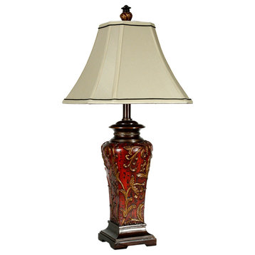 Crimson Floral Zoey Table Lamp With Trimmed Square Bell Shade