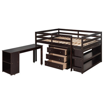 TATEUS Multifunctional Loft Bed With Cabinet and Rolling Desk and Bookshelf, Espresso, Full