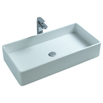 ADM Large Rectangular Stone Resin Countertop Sink, White, 32", Glossy White