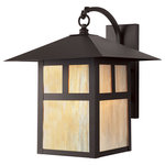 Livex Lighting - Montclair Mission Outdoor Wall Lantern, Bronze - Bright, iridescent tiffany glass and bold lines put a fresh spin on a classic look in this beautiful Montclair Mission style outdoor wall lantern. Made from solid brass and finished in bronze, the top hanging lantern is attached to the backplate by a graceful, curved arm. T-bar overlay linear details on the frame give it an architectural window-inspired look.