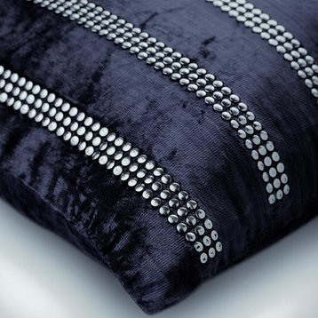 Silver Throw Pillow Cover, Silver Sequins 24"x24" Velvet, Navy City