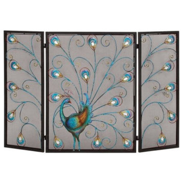 Peacock Themed Metal 3 Panel Fireplace Screen, Multicolor