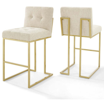 Privy Gold Stainless Steel Upholstered Fabric Bar Stool Set of 2, Gold Beige