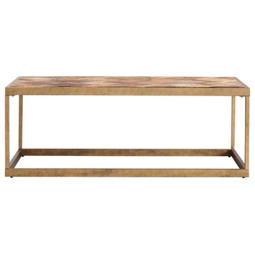 Maklaine Modern Patchwork Wood Top Coffee Table in Brass Finish