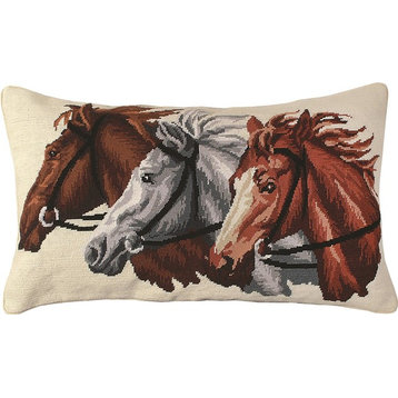 Throw Pillow Needlepoint Trio Horse 16x28 28x16 Beige Wool Cotton
