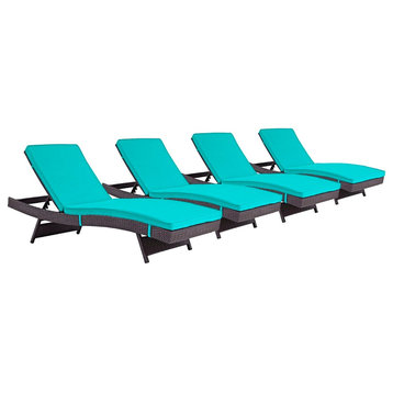 Modern Contemporary Outdoor Patio Chaise Lounge Chair, Set of 4, Blue, Rattan