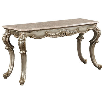 Pemberly Row Marble & Wood Sofa Table in Natural/Antique Bronze