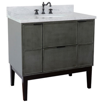 37" Single Vanity, Linen Gray Finish With White Carrara Top And Oval Sink