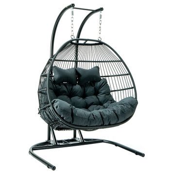 LeisureMod Wicker 2 Person Double Folding Hanging Egg Swing Chair in Charcoal