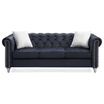 Raisa 83 in. Velvet 3-Seater Sofa With 2-Throw Pillow, Black