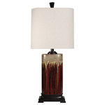 StyleCraft Home Collection - Tandoori Spice and Arabic Ceramic Table Lamp Dark Red And Tan Glaze - Featuring an intriguing multicolored frame and a contrasting white fabric shade, this table lamp can accentuate an office desk, bedroom dresser, or dining room buffet. The simple design of the frame makes it the perfect canvas for the dark red and tan glaze finish that features shades of green and burgundy. Add a pop of color to a living room or hallway with this multicolored table lamp.