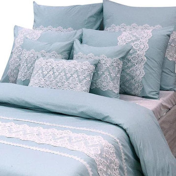 Queen Duvet Cover 8 Pc set in Soft Blue Cotton with Lace Embroidery-Lace Breeze
