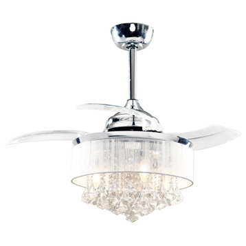 36 Inch Chrome Crystal Ceiling Fan With Remote, Retractable Blades