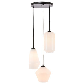 Living District Gene 3 Light Pendant, Black With Frosted White Glass